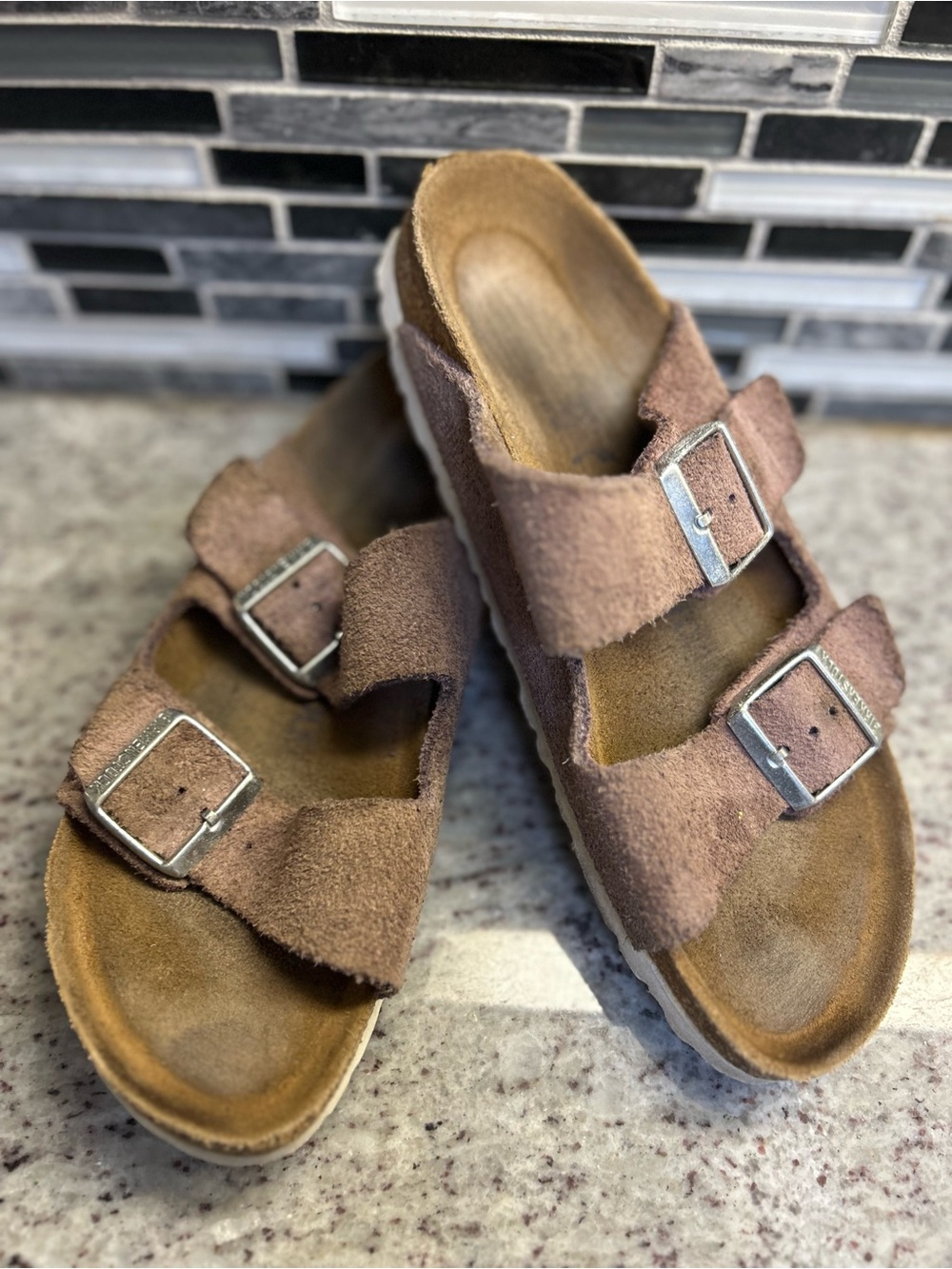 Birkenstock Arizona Suede Double-Buckle Sandals in taupe size 8 (39)